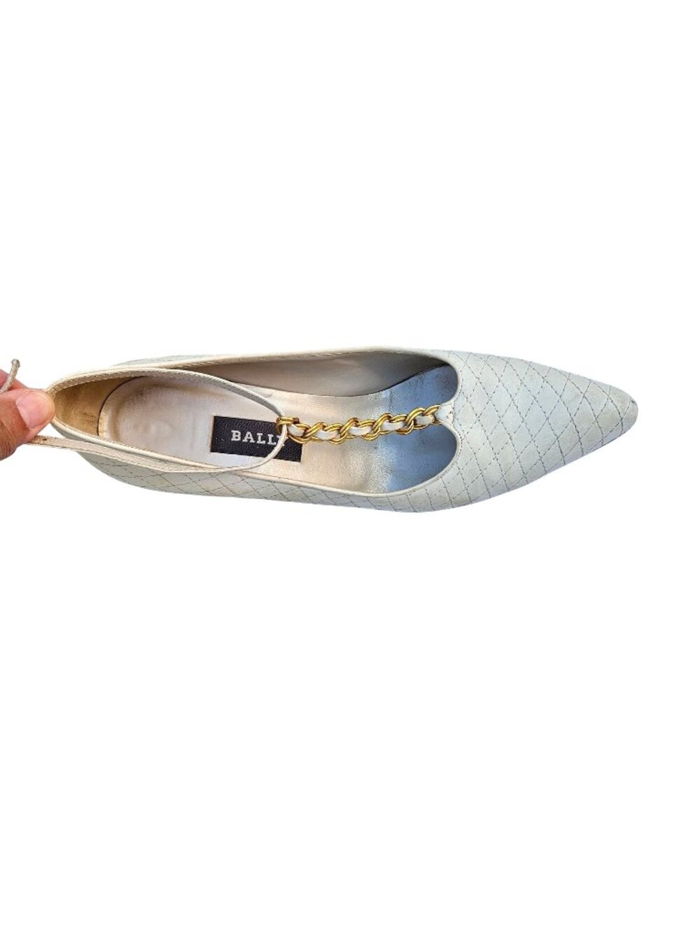 Vintage 80s Bally Quilted Leather Pumps Pale Celery Ivory Gold Chain Sz 7.5